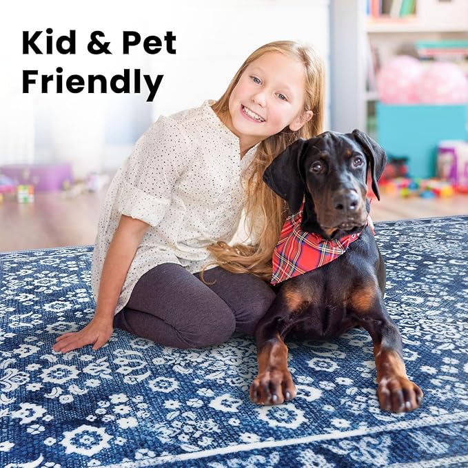 Vintage Washable 2x5 Rug Runner, Dusty Blue White Runners for hallways, Super Soft Kitchen Runner Rug Non Slip, Printed Faux Wool Floral Thin Carpet Runner for Entryway Laundry Room Bedroom