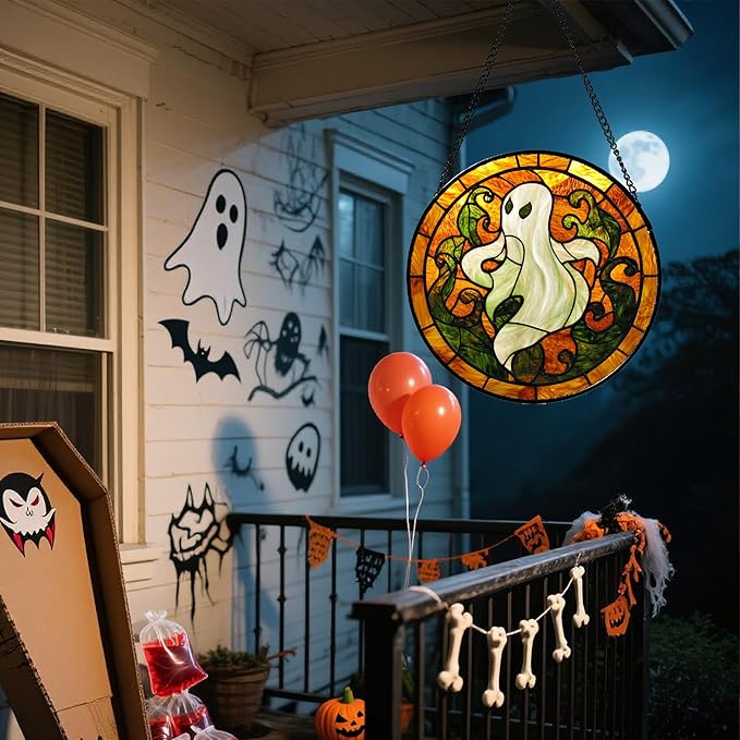 Stained Glass Window Hanging - Halloween Decorations Retro White Ghost Evil Spirit Suncatcher for Doors Garden Spooky Sun Catchers Gothic Decor Horror Gifts for Women Men Friend Boy 11.8 in
