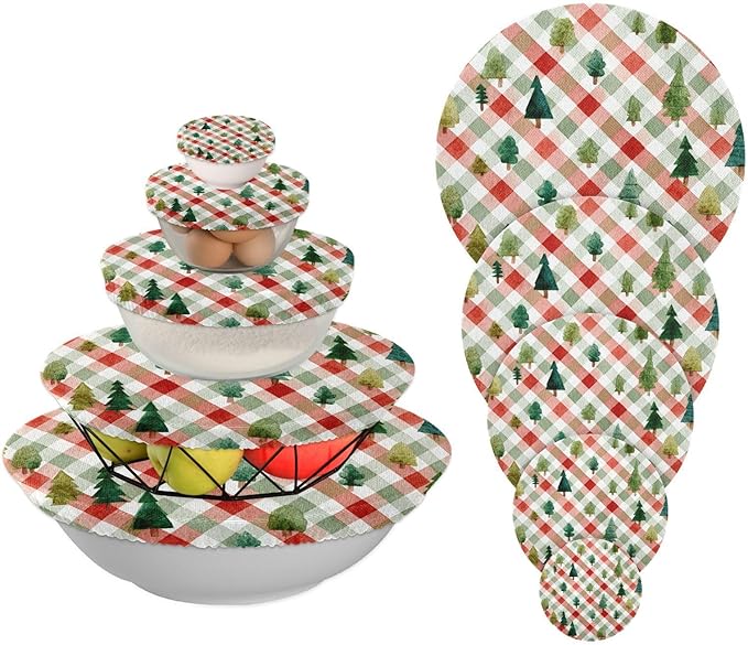 5 Pcs Bowl Covers Reusable in 5 Size Elastic Food Cover Cloth Lids Fresh Keeping Dish Cookware Bakeware Fabric Covers Lids for Food Leftovers Fruits Storage Watercolor Christmas Plaid Trees