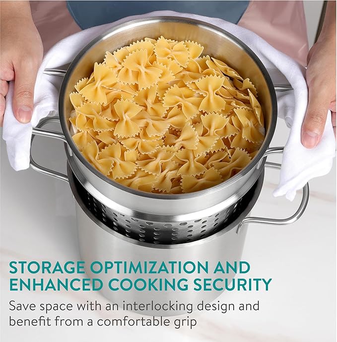 Navaris Stainless Steel Pasta Pot, 5.7 L (6.1 Qt) - Versatile Pot for Pasta, Vegetables and More - Suitable for Induction, Gas, Electric & Oven - Dishwasher Safe