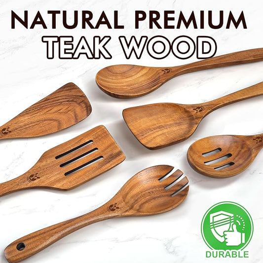 Wooden Spoons for Cooking, 6 Pcs Natural Teak Wooden Kitchen Utensils Set, Cooking Utensils Set with Long & Comfort Grip, Wooden Spoons Spatula Set Perfect for Non-Stick Cookware