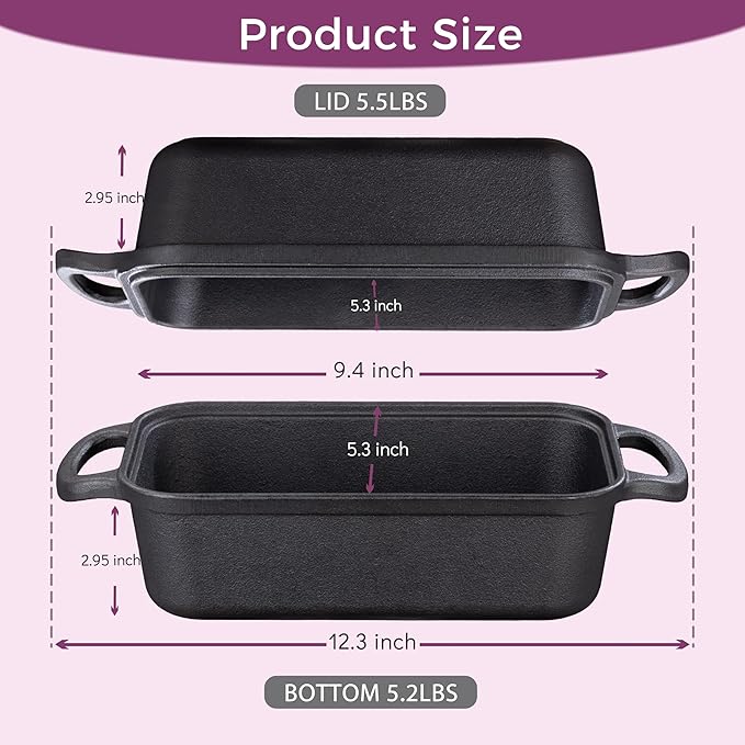 Cast Iron Loaf Pan with Lid 9x5 Inch, 2 in 1 Loaf Pans for Baking Bread, Even Heat Distribution for Sourdough, Homemade Bread