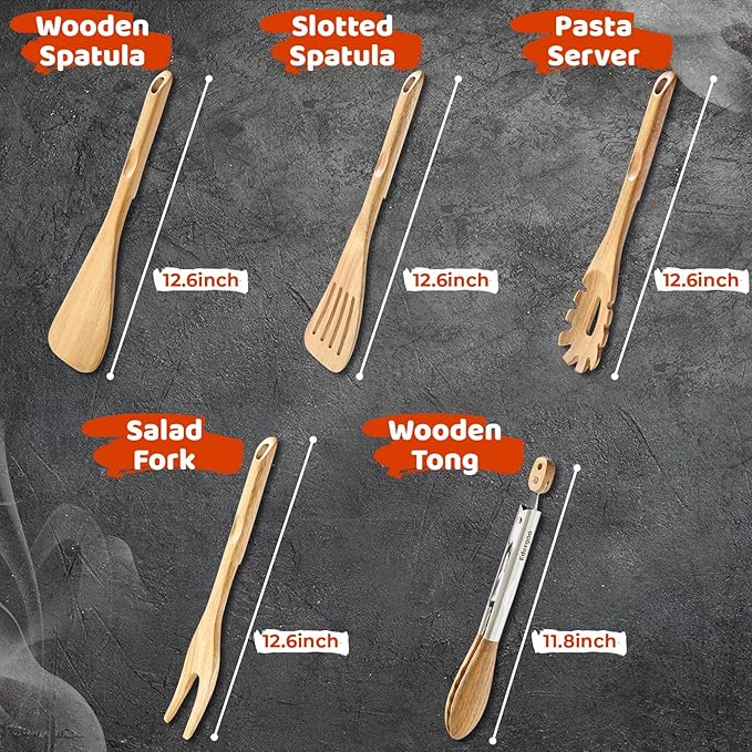 Wood Cooking Utensils Set, 5 PCS Wooden Spoons for Cooking Includes Stainless/Wood Kitchen Tongs, Natural Non-Stick Wooden Utensil Set with Innovative Finger Groove & Non-Slip Notch Design