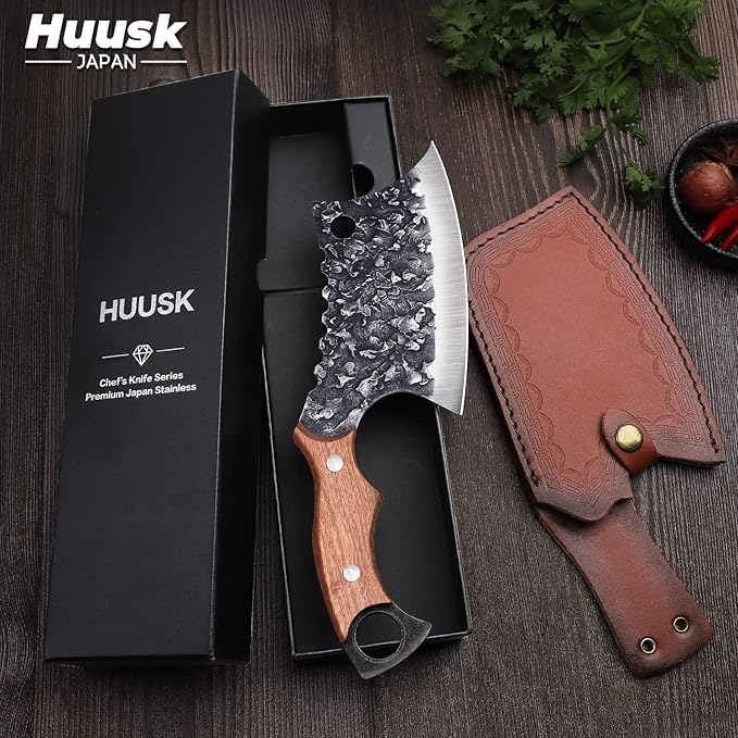 Huusk Japan Knife Hand Forged Meat Cleaver for Meat Cutting Creative Asian Knife for Vegetables Viking Knives with Sheath for Kitchen and Restaurant Use Gifts for Dad Christmas Gift