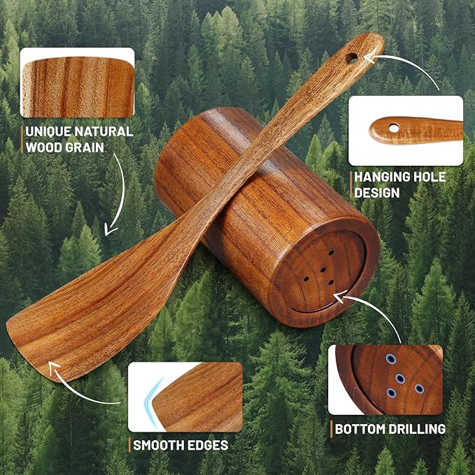 Unokit Cooking Utensils Set for Kitchen - 8 Piece Nonstick Wooden Spoons for Cooking, Comfort Grip Kitchen Utensils Set, Teak Wooden Utensil Set with Holder and Spoon Rest