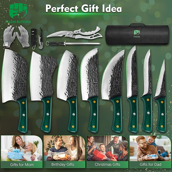 FULLHI Butcher Knife Set with Kitchen Shears, Hand Forged Chef Boning Knife With Scissors High Carbon Steel For Kitchen, Camping, BBQ