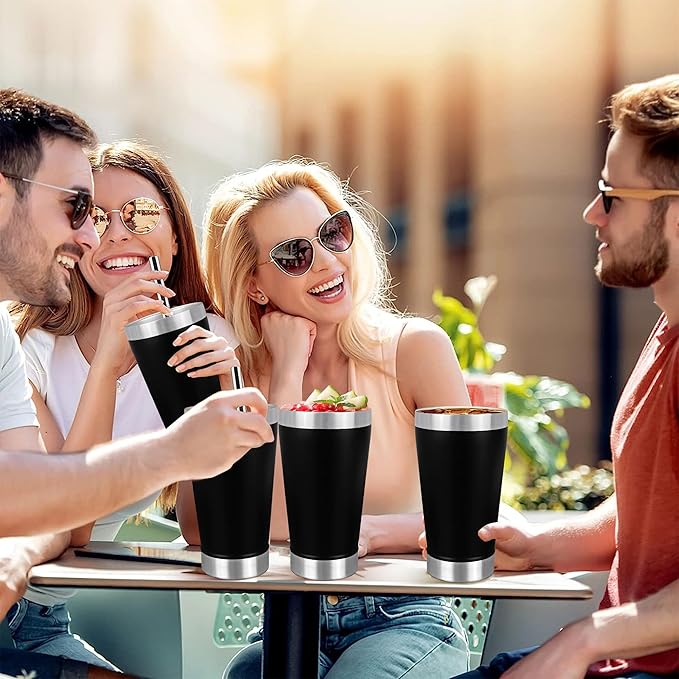 16 oz Insulated Beer Cup Set of 4, Outdoor Tumbler Stackable, Stainless Steel Double Walled Pint Glasses, Cold Mug for Beer, Black, Ideal for Wine Lover, Coffee