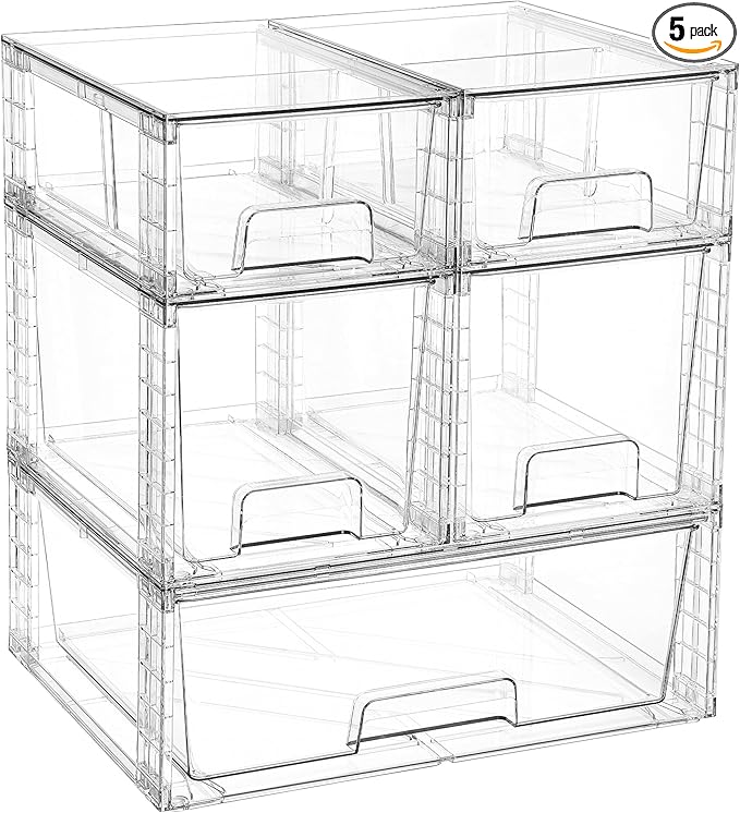Vtopmart Clear Stackable Storage Drawers Set of 5, Easily Assemble Acrylic Bathroom Undersink Organizers,Plastic Storage Bins for Closet,Cabinet,Pantry,Medicine Organization
