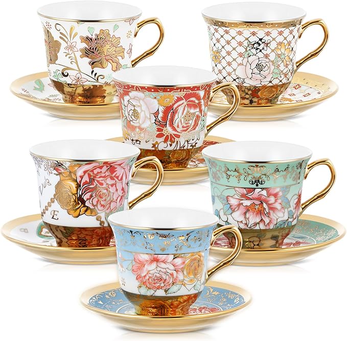 Set of 6 Tea Cups and Saucers Tea Party Decorations Floral Porcelain 5.4 oz British Gift for Women Birthday Party, Church, and Mother's Day (Stylish Style,5.4 oz)