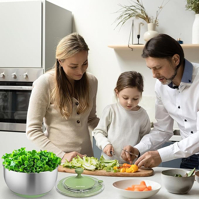 SUSTEAS Stainless Steel Salad Spinner, Lettuce Spinner with Non-Slip Base, Drainage Hole, Stop Button, Vegetable Dryer, Fruit Washer, BPA-Free, Dishwasher Safe, 4.25Qt