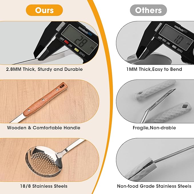FJNATINH 2Pack Stainless Steel Wok Utensils, Heat Resistant Wok Spatulas and Ladle, with Wooden Handle, for Serving, Turning, Cooking, Stirring, Soup