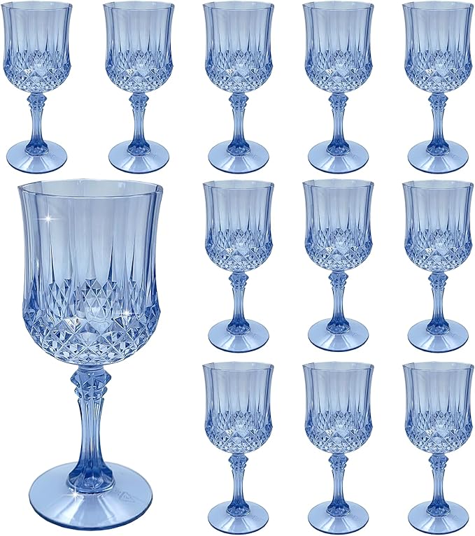 Plastic Wine Glasses,Plastic Goblets Vintage Style Cordial Drinking Glasses for Wedding Reception, Grand Event Party Supplies (12, Blue)
