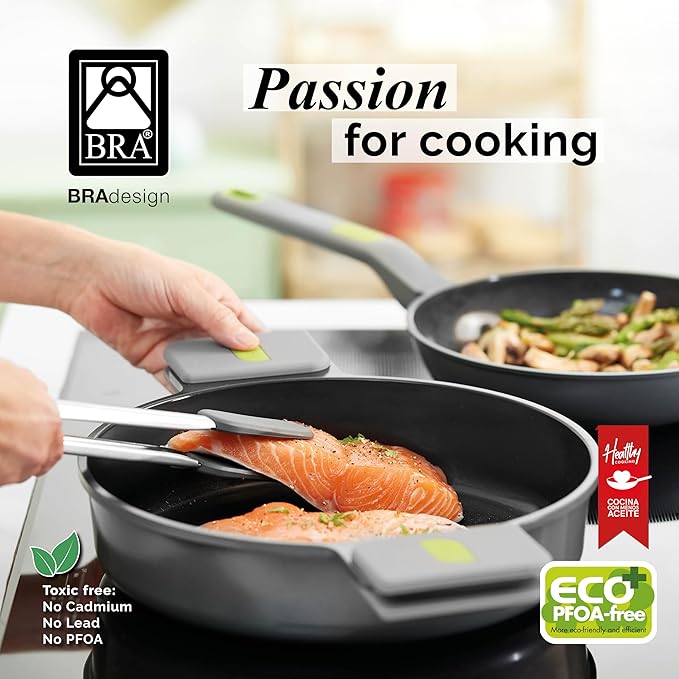BRA COOKWARE Life Low Casserole w/Glass Lid | 11 inches - 2.9 quarts Recycled Cast Aluminum Casserole | Ceramic Non-Stick | All Heat Sources Compatible | PFOA Free Shallow Pot | Removable Handles