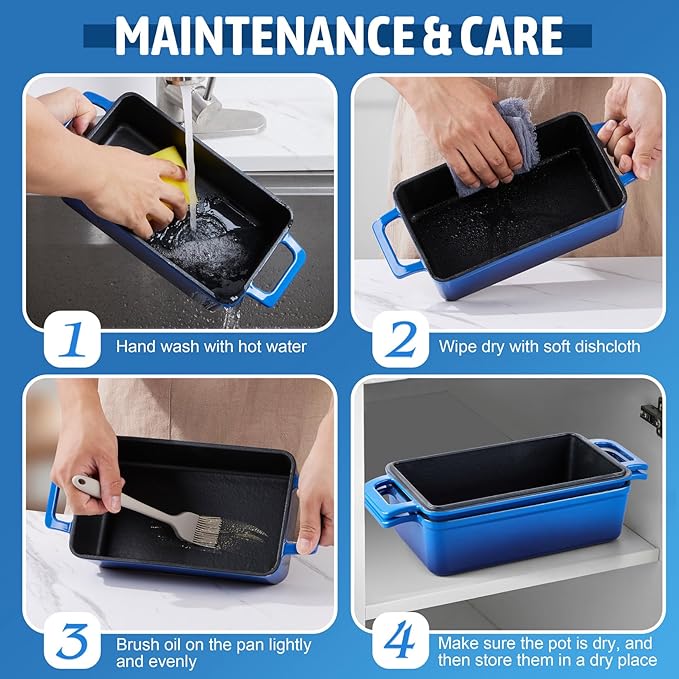 P&P CHEF 2 In 1 Enameled Cast Iron Loaf Pan with Lid, 9 x 5 Inch Bread Loaf Pans for Baking Homemade Sourdough Bread, Meatloaf, Toast, Cake, Nonstick & Healthy & Sturdy, 2 Piece Set - Blue