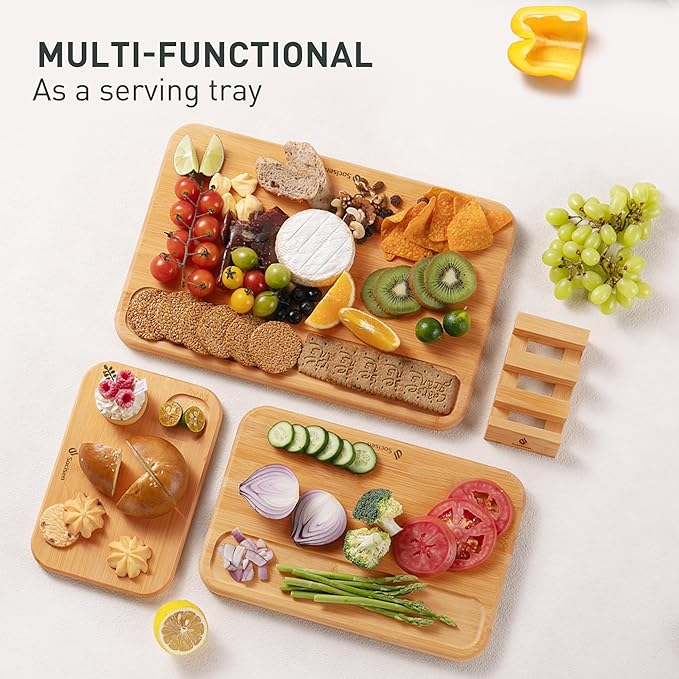 3 Packs Bamboo Cutting Board Set with Holder Wood Cutting Boards for Kitchen with Juice Grooves Built-in Handles, Ideal Charcuterie & Chopping for Meat Vegetables Fruits Kitchen Gift for Home Cooks