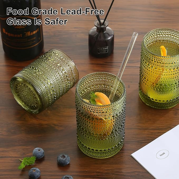 Vintage Hobnail Drinking Glasses Set of 8,Green 12 oz & 15oz Highball Glass Cups, Kitchen Drinkware Glassware,Embossed Water Tumbler,for Beer,Cocktail,Whiskey,Juice and Various Mixed Drinks