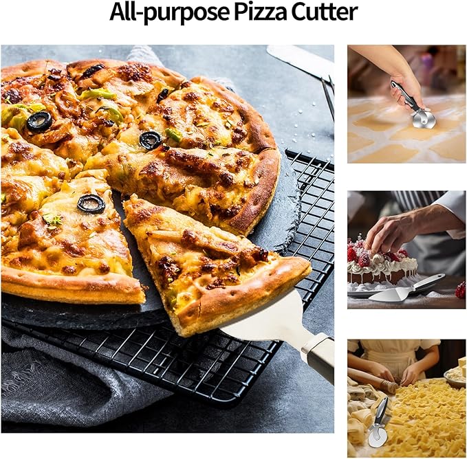 Pizza Kit for Homemade Baking, 12in Perforated and Non-Perforated Pizza Pan Set with Stainless Steel Pizza Peel 12x9in, Dough Roller, Cutter, Apron, Baking Mat, Ideal for Oven Cooking at Home