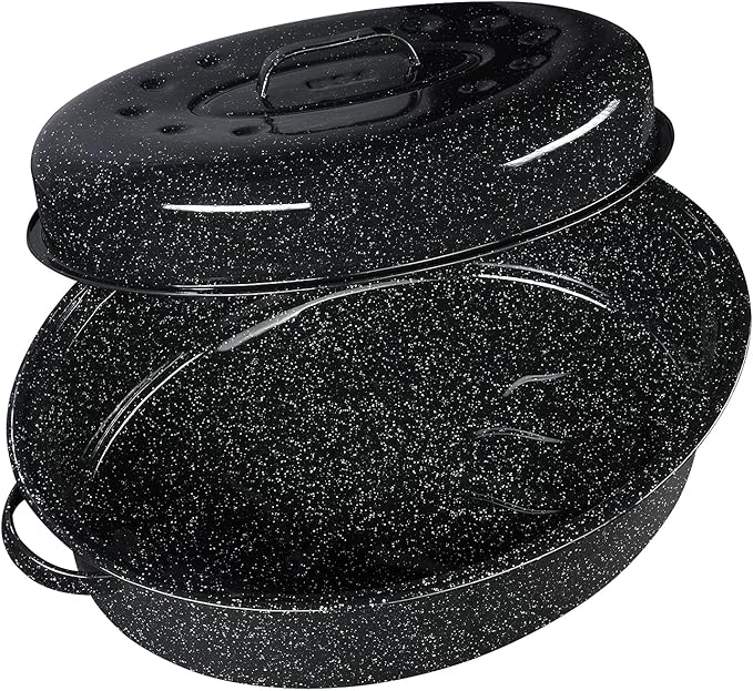 Granite Ware 19-Inch Covered Oval Roaster, 20 Lb Capacity - Enamel Steel Cookware, Dishwasher Safe & PFOA-Free, Even Heat Distribution for Roasting Poultry, Meat, or Vegetables (Speckled Black)