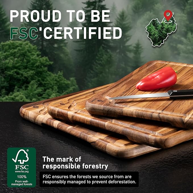 3 Pack Teak Wood Cutting Board Set for Kitchen Charcuterie Board Serving Heavy Duty Non Toxic Slip Over Sink Solid Thick Haus Wooden Chopping Board Large Big Small Meat Best Kitchen Essential Gift