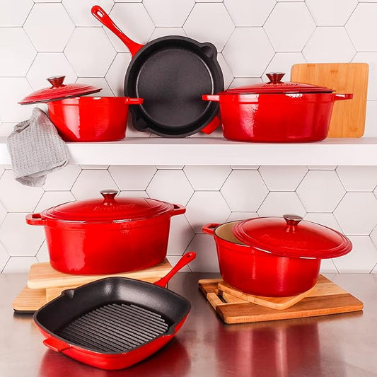 BergHOFF 10Pc Neo Enameled Cast Iron Cookware Set, Matching Lid, Oven Safe Up To 400°F, Red