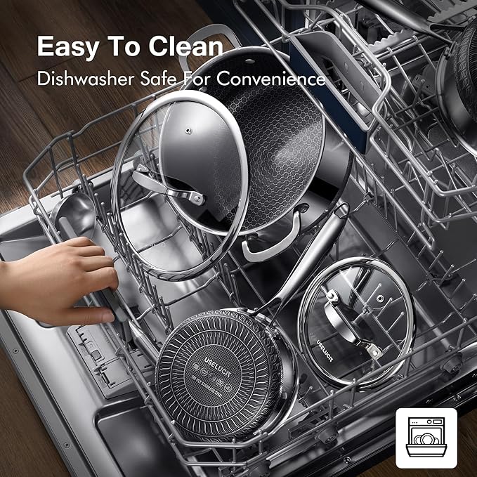 USELUCK-Non-electric deep fryers,Frying Pan with Lid,Tri-play Stainless steel Non-stick,Non-toxic Deep Frying Pan with Tempered Glass Lid, 12 inch 5.5 QT,Stay-Cool Handles Induction, Oven, Dishwasher.