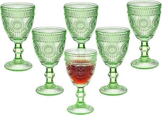 Green Vintage Wine Glasses Set of 6, 10 Ounces Colored Glass Water Goblets, Unique Floral Embossed Pattern High Clear Stemmed Glassware Wedding Party Bar Drinking Cups Fancy Glasses Hand Wash Only
