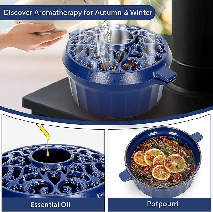 Wood Stove Steamer - Rust Resistant Cast Iron Humidifier Pot with Three-Layer Porcelain Coating for Woodstove, Indoor Fireplace Steamer for Dry Winter, Decorative, 2.7 Quart-Blue