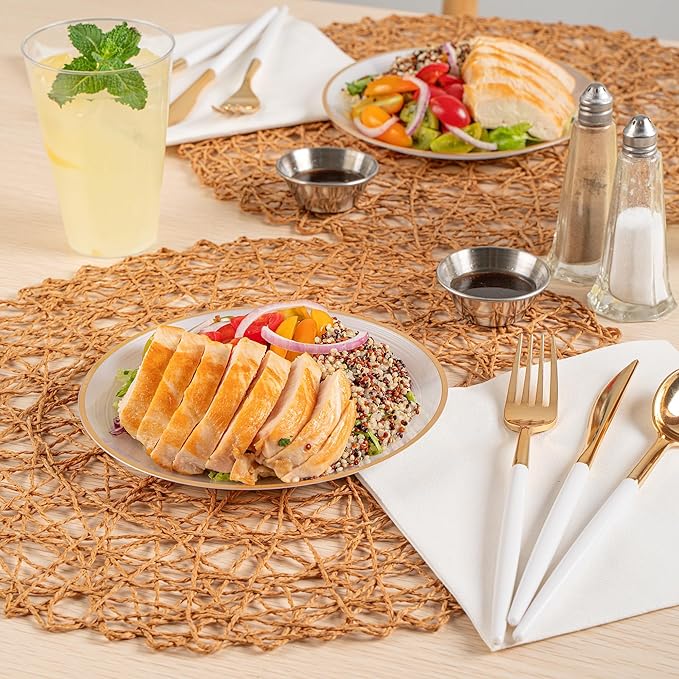 Restaurantware Plastic Plates 100 Pcs 7.25" Gold Rimmed Disposable Plates Heavy-Duty White Translucent Rippled Plastic Dinner Servers for Party, Weddings, Salads, Desserts, and Appetizers