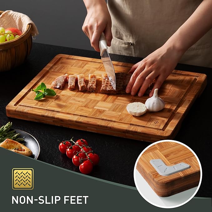 3 Pack Heavy Duty Bamboo Cutting Board Set Non Toxic Wooden Cutting Board for Kitchen Non Slip Solid End Grain Thick Wood Juice Groove Chopping Board Extra Large Big Small Best House Warming Gift