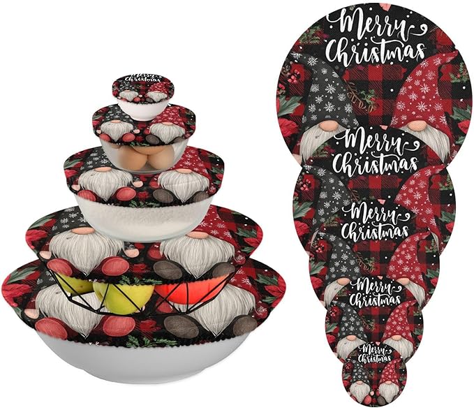 5 Pcs Bowl Covers Reusable in 5 Size Elastic Food Cover Cloth Lids Fresh Keeping Dish Cookware Bakeware Fabric Covers Lids for Food Leftovers Fruits Storage Red Black Checkered Christmas Gn