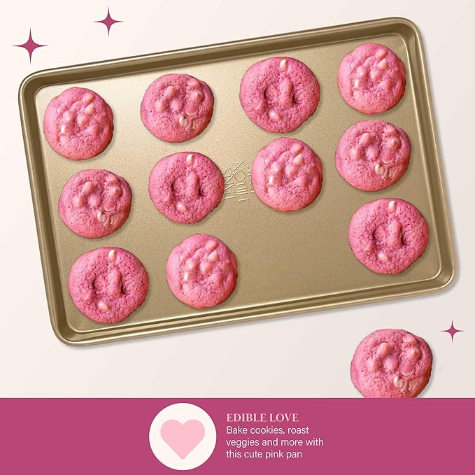 Paris Hilton Nonstick Carbon Steel Bakeware Collection, 15-Inch x 10-Inch Cookie Baking Sheet, Dishwasher Safe, Made without PFOA and PFAS, Pink Champagne Two-Tone
