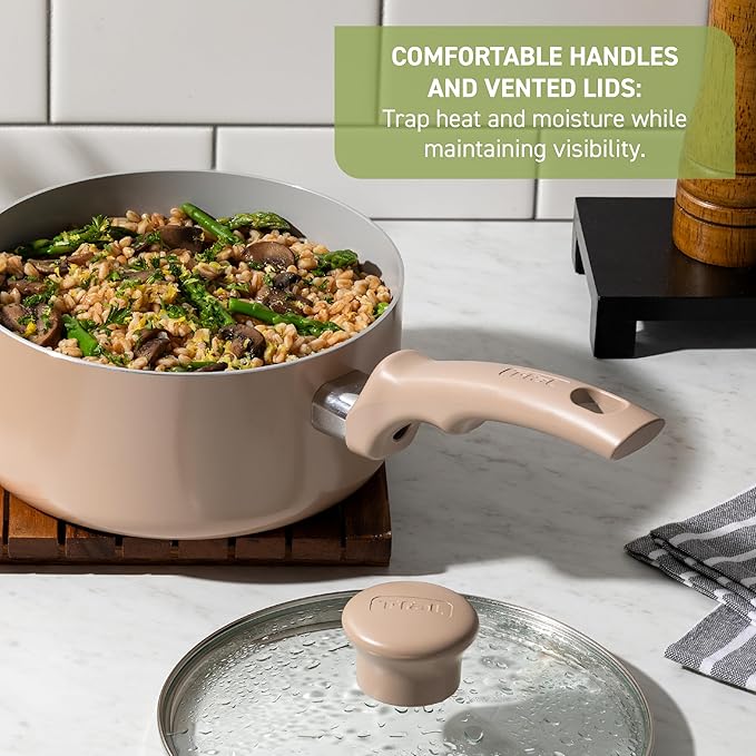 T-fal Refresh Ceramic Nonstick Ceramic Frying Pan with Lid 5 Qt, Cookware, Stay-Cool Handle, Skillet, Pots and Pans, Sand Beige