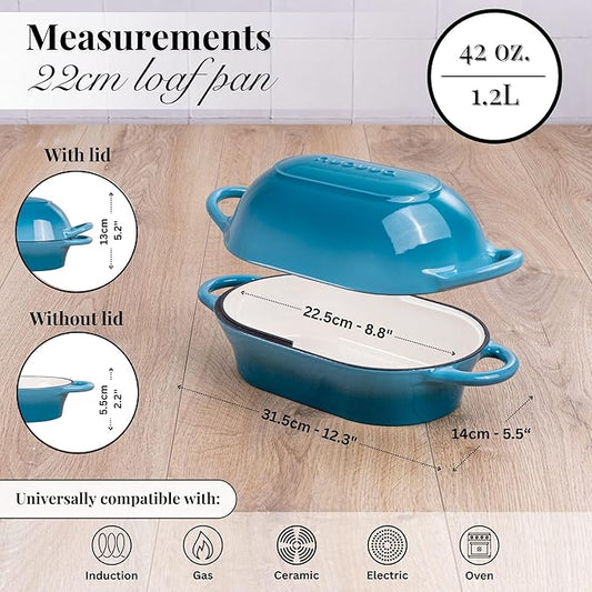 Dutch Oven For Sourdough Bread Baking – Enamelled Cast Iron Bread Loaf Pot – Oven Safe Non Stick Bread Pot – Rectangular,Light Blue, 24cm x 16cm – by Nuovva