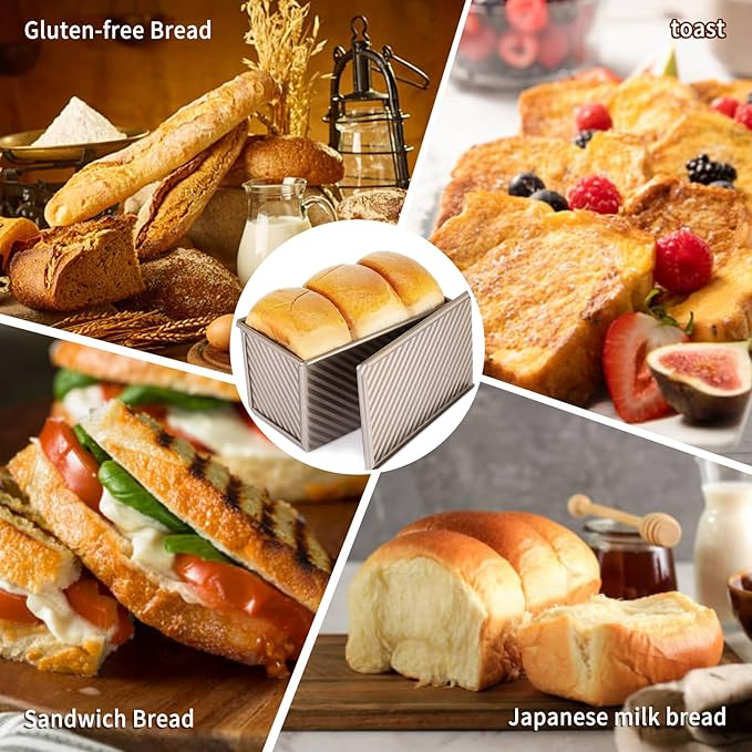 2 Pack Pullman Loaf Pan with Lid, 13x4 & 9x4 inch (2.2 lb & 1 lb Dough Capacity), Non-Stick Sandwich Bread Loaf Pan for Homemade Baking Bread, Gold