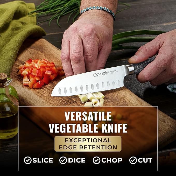 Cutluxe Santoku Knife – Ultra Sharp 5 Inch Vegetable Japanese Knife for Chopping, High Carbon Stainless Steel Blade, Full Tang Pakkawood Handle – Shinobi Series