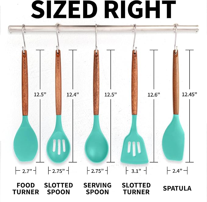 Zulay Kitchen Non-Stick Cooking Utensils Set with Authentic Acacia Wood Handles – 5-Piece Durable & Stylish Silicone Kitchen Utensils Set – Heat Resistant to 464°F – Mint