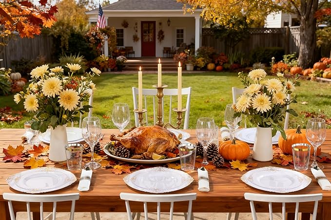 Nervure 350PCS Gold Plastic Plates - Gold Plastic Dinnerware Sets for 50 Guests - 100 Disposable Plates, 150 Silverware, 50 Cups, 50 Napkins for Wedding & Party & Thanksgiving