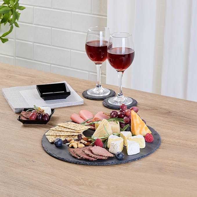 Restaurantware Slate Serving Tray 1 Pack of 11.81" Foam Feet Charcuterie Stone Plate Rustic Edges Freezable Black Square Serving Display Cheese Board for Kitchen, Gourmet, Dining, Parties