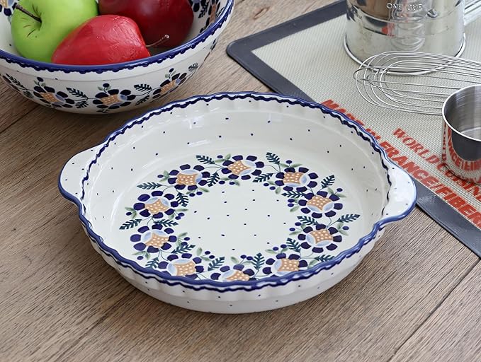 Blue Rose Polish Pottery - Yellow Sunflower Pie Plate with Handles - 9.75" Diameter - Ceramic Baking Dish, For Pies, Quiches & Desserts