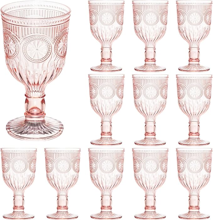 Pink 12 Pack Vintage Wine Glasses, Plastic Reusable 12 Ounce Colored Water Goblets, Unique Flower Embossed Pattern Unbreakable Stemmed Wine Glasses High Clear Wedding Party Bar Drinking Cups
