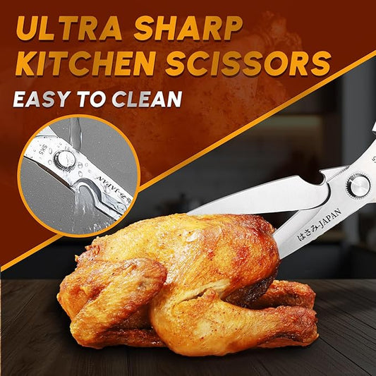 HUUSK Kitchen Scissors Set Silver - Stainless Steel Kitchen Shear, Sharp Meat Scissors Dishwasher Safe, Heavy Duty Poultry Shears, Japanese Cooking Scissor for Food, Chicken Bones, and Turkey