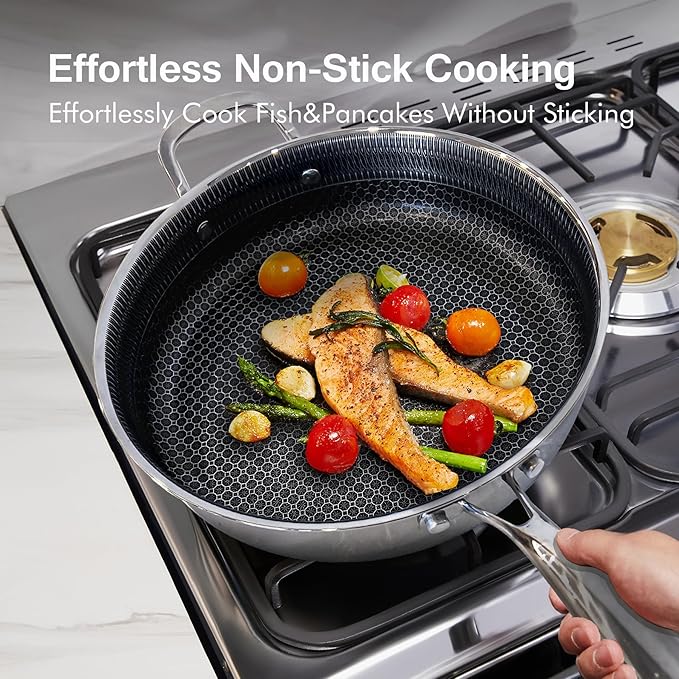 USELUCK-Non-electric deep fryers,Frying Pan with Lid,Tri-play Stainless steel Non-stick,Non-toxic Deep Frying Pan with Tempered Glass Lid, 12 inch 5.5 QT,Stay-Cool Handles Induction, Oven, Dishwasher.