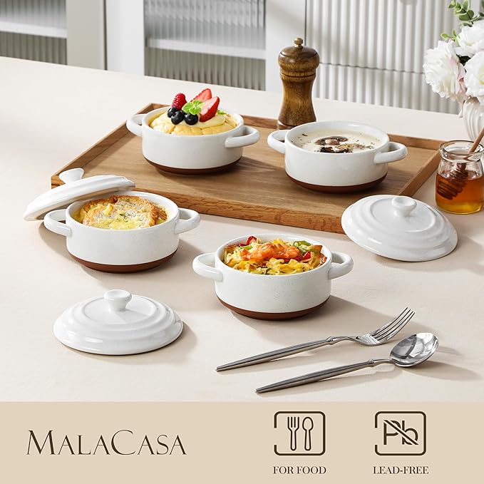 MALACASA Mini Cocotte Set - 12 OZ Small Casserole Dishes for Oven, Ramekins with Lids and Handles, Ceramic Mini Dutch Oven Set of 4, Microwave & Dishwasher Safe, Khaki White, Series TARA