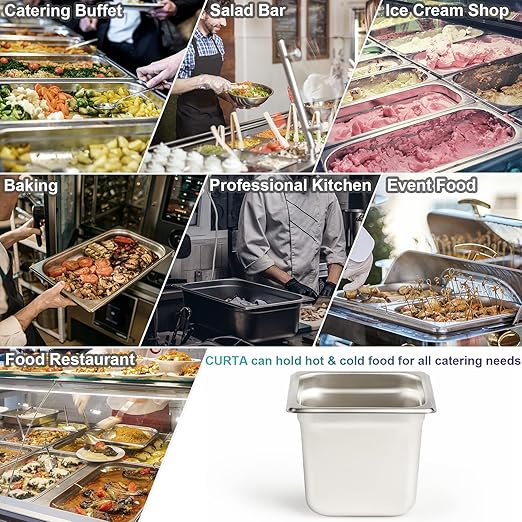 CURTA 6 Pack Anti-Jam Hotel Pans, 1/6 Size 6 Inch Deep, NSF Commercial 18/8 Stainless Steel Chafing Steam Table Pan, Catering Storage Metal Food Pan