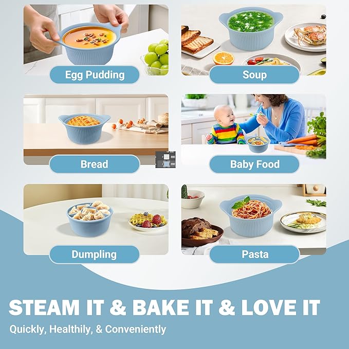 Silicone Microwave Steamer - Microwave Pot Steamer Basket Bowl for Baby Food, Vegetables & Dumplings, Compact & Lightweight Design, Oven & Dishwasher Safe (Blue, L 42oz(1250ml))