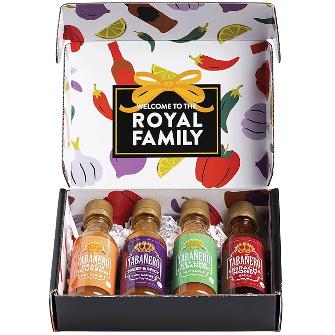 Tabañero Variety Hot Sauce Gift Set, 4 Pack, Kit Includes Peach Bourbon, Sriracha Honey, Key Lime Habanero, Sweet & Spicy, 1.7 oz Mini Glass Bottles, All Natural, Gluten Free, Low Sodium, Vegan, Kosher, Made in the USA