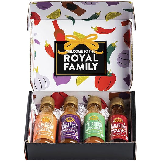 Tabañero Variety Hot Sauce Gift Set, 4 Pack, Kit Includes Peach Bourbon, Sriracha Honey, Key Lime Habanero, Sweet & Spicy, 1.7 oz Mini Glass Bottles, All Natural, Gluten Free, Low Sodium, Vegan, Kosher, Made in the USA