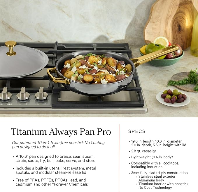 Our Place Titanium Pro Cookware Set (4-Piece) – Always Pan & Perfect Pot | Nonstick No-Coat Technology | Tri-Ply Titanium & Stainless Steel | Safe for Oven, Induction & Cooktops up to 750°F | Gold