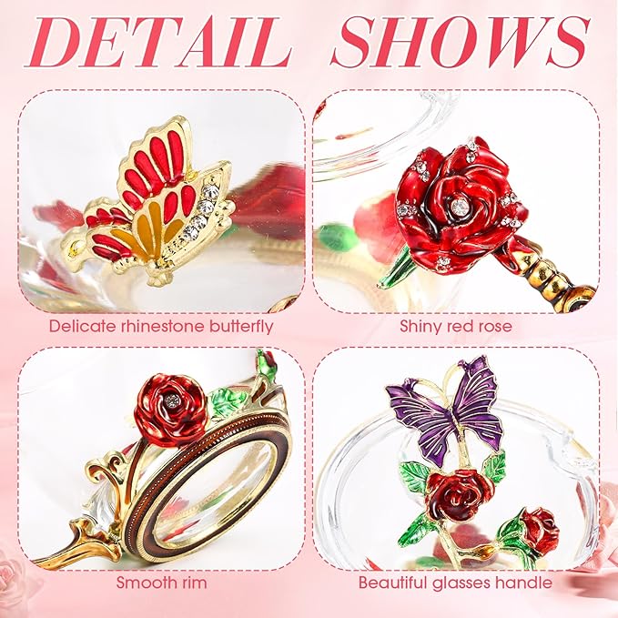 Nuanchu 4 Sets Flower Glass Tea Cups with Lids and Spoon Butterfly Vintage Glass Coffee Mugs Floral Fancy Clear Teacup for Christmas Women Mom Wife Girlfriend(Red,11 Oz,12 oz)