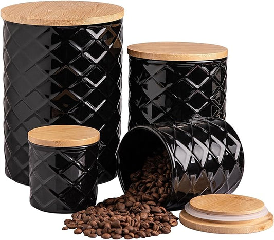 Sweejar Ceramic Canisters Sets for Kitchen Countertop, Relief Food Storage Jar with Bamboo Lid, Stackable Container for Flour, Coffee, Pasta, Cereal, Tea, Cookies, Sugar, Spices, Pack of 4 (Black)